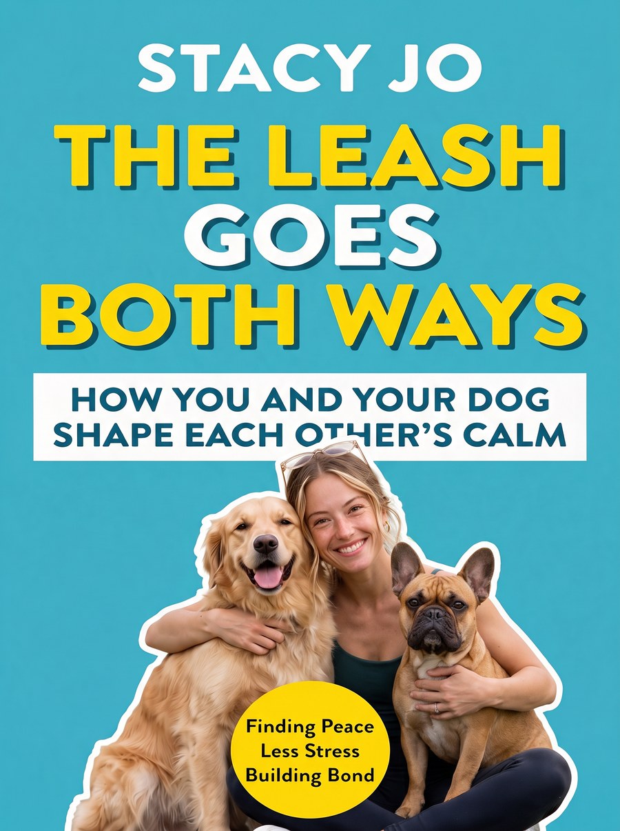 Book cover of The Leash Goes Both Ways by Stacy Jo, showing Stacy Jo smiling with her golden retriever and French bulldog